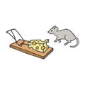 vector illustration of a cartoon mouse near a mousetrap with cheese
