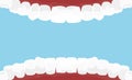 Vector illustration of cartoon mouth inside with white teeth. Dental hygiene background in flat style on blue color Royalty Free Stock Photo