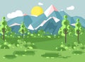 Vector illustration cartoon nature national park landscape with bushes, lawn, trees, daytime sunny day with blue sky and