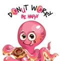 Vector illustration of cartoon octopus with donuts Royalty Free Stock Photo