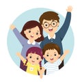 Cartoon of a portrait of four members happy family raising up hands. Parents with kids