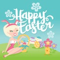 Cartoon Retro Happy Easter Bunny Pinup Girl Garden Greeting