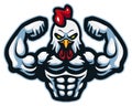 Cartoon rooster mascot with muscle body