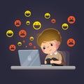 Cartoon of sad boy victim of cyberbullying online in front of his laptop
