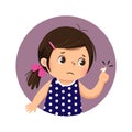 Cartoon sad girl looking at her finger with an adhesive bandage. Health Problems concept Royalty Free Stock Photo