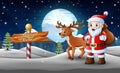 Cartoon santa claus and deer standing in the snow with a bag of gifts Royalty Free Stock Photo