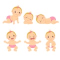Cartoon set of cute little baby or toddler girl in different activity