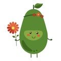 Vector illustration. Cartoon smiling avocado hero with bright red flowers isolated on white background. Positive fruit