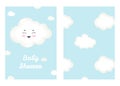 Vector illustration with cartoon smiling cloud and inscription `baby shower` and seamless pattern with clouds. Royalty Free Stock Photo