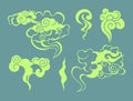 Vector illustration of cartoon smoke, stinky smell bubbles, aroma streams collection, odour toxic green color in flat