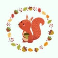 Cartoon squirrel with wreath made of autumn leaves and berries. Hello autumn background