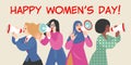 Vector illustration of cartoon style girls talking by megaphone and congratulating on international women`s day Royalty Free Stock Photo