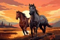 Vector illustration cartoon style horses in a field at sunset Royalty Free Stock Photo
