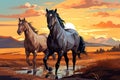 Vector illustration cartoon style horses in a field at sunset Royalty Free Stock Photo