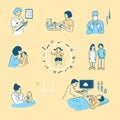 Vector illustration in cartoon style. Children s health, pregnancy, care of an infant, motherhood. A large set of images