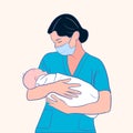 A smiling midwifery holds a newborn baby in her arms.