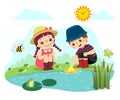 Cartoon of two little kids playing with paper boat in the pond Royalty Free Stock Photo