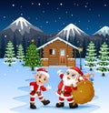 Cartoon two Santa in front of a snowy wooden house and holding a sack containing a present