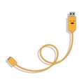 Vector illustration of cartoon USB cable with stern face in yellow kawaii style twisted in a loop with shadow on white background