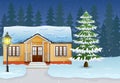 Cartoon of Winter night landscape with house and snow on the street Royalty Free Stock Photo