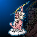 Cartoon zeus mascot holding a thunderbolt