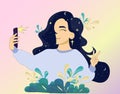 Vector illustration in cartoonish style of young girl taking selfie. beautiful girl with smiling, with cosmic dark hair