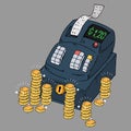 Cash register icon. Vector illustration of a cash register with check and bill. Hand drawn cash register for a store