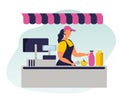 Vector illustration - cashier at work. young woman working at the supermarket checkout. Royalty Free Stock Photo