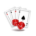 Vector illustration of casino elements. Four playing cards and two red dices Royalty Free Stock Photo
