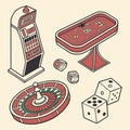Vector illustration of casino elements including roulette wheel slot machine craps table and dice representing gambling Royalty Free Stock Photo