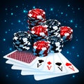 Vector illustration on a casino theme with playing chips and playig cards on dark background. Gambling design elements. Four Aces Royalty Free Stock Photo