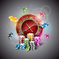 Vector illustration on a casino theme with roulette wheel and playing chips on dark background. Royalty Free Stock Photo