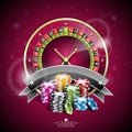 Vector illustration on a casino theme with roulette wheel and playing chips on purple background Royalty Free Stock Photo