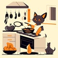 of a cat cooking in the kitchen. Cute cartoon cat in the kitchen. Generative AI