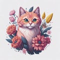 Vector illustration of a cat with flowers.