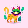 Vector illustration Cat in mardi gras mask. A cartoon illustration of a Mardi Gras Cat. Mardi Gras jester. Royalty Free Stock Photo