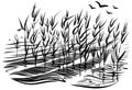 Vector illustration of cattails. Scene with river grass and water waves in the pond. Royalty Free Stock Photo