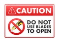 Vector illustration of a caution sign with a message not to use blades to open boxes, ideal for safety signage in Royalty Free Stock Photo