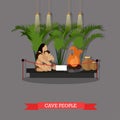 Vector illustration of cave people exposition in museum, paleolithic era