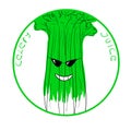 Vector illustration celery cartoon character in a round frame with handwritten words Celery Juice