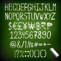 Vector illustration chalk font with numbers, currency signs. Hand drawn english chalk alphabet Royalty Free Stock Photo