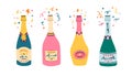 Vector illustration. Champagne bottles of different form and color. Rose and white sparkling wine with colorful designs with stars