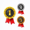 Vector Illustration champions gold, silver and bronze award medals with red ribbon Royalty Free Stock Photo