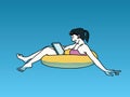 Happy woman relax on rubber ring