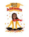 Vector illustration character design beautiful black african american girl with scarf and word hello autumn. Young woman Royalty Free Stock Photo