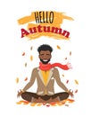 Vector illustration character design beautiful black african american guy with scarf and word hello autumn. Young man Royalty Free Stock Photo