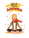 Vector illustration character design beautiful girl with scarf and word hello autumn. Young woman doing yoga in autumn Royalty Free Stock Photo