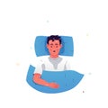 Vector illustration of a character lying in bed with flu symptoms. The man woke up with profuse sweating. Symptoms of a cold,