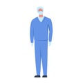 Vector illustration of a character of a masked male doctor wearing gloves and headdress. It represents a concept of doctors work,