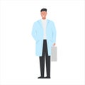 Vector illustration of a character of a smiling male doctor with a briefcase in his hand. It represents a concept of doctors work